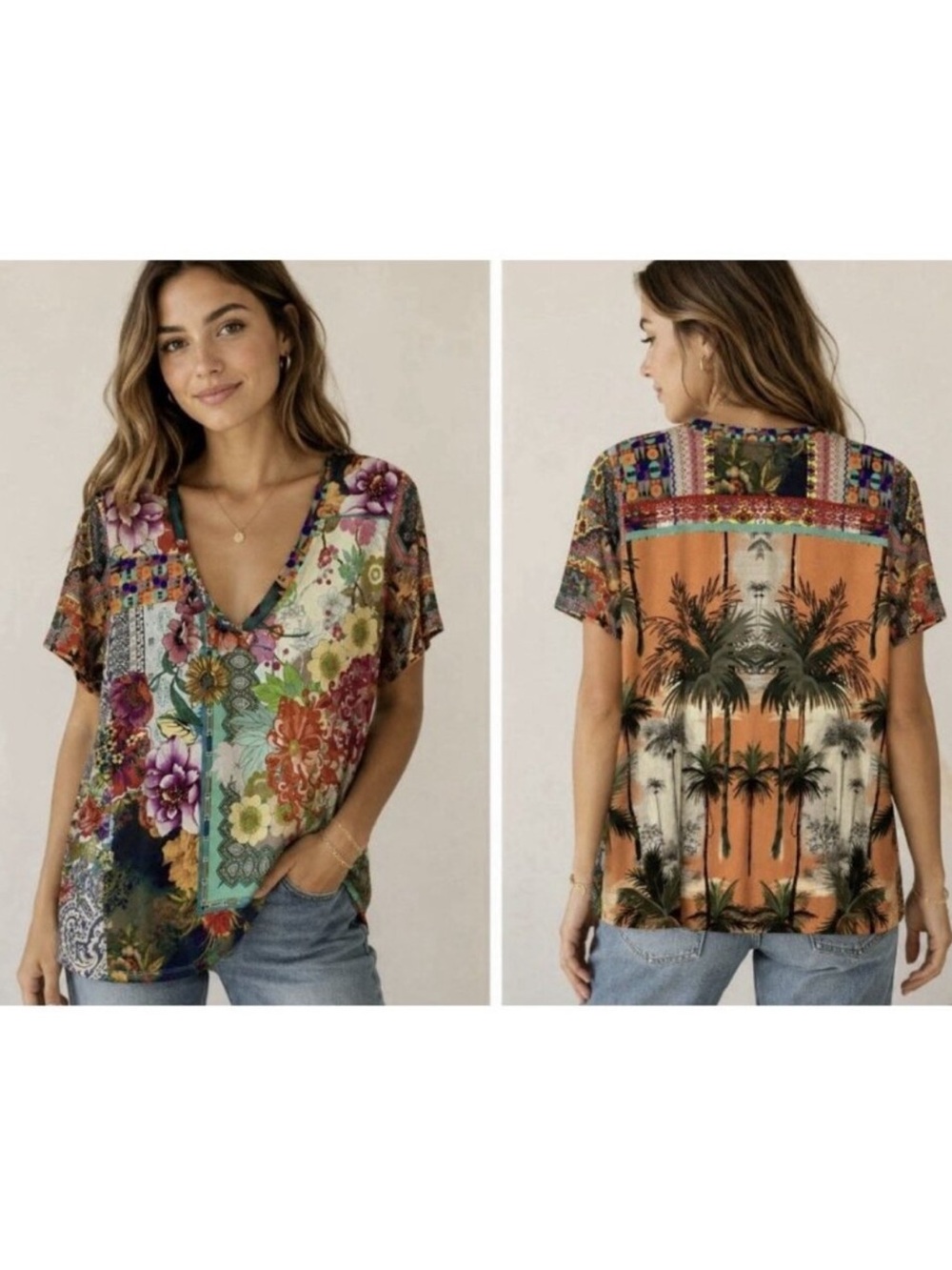 Johnny Was Favorite Short Sleeve Bamboo Tropical V Neck Tee Medium